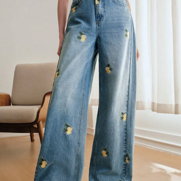 Blue Casual Women's Embroidered Loose Straight-Wide Leg Jeans with Pockets - Picture 3 of 8